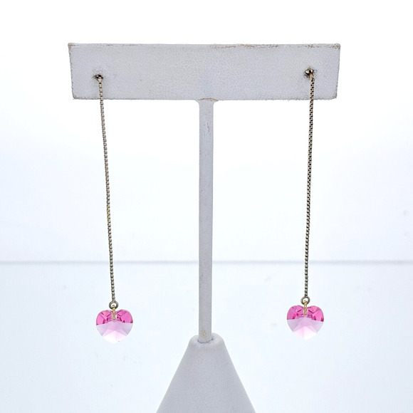 Vintage Sterling Silver 925 Pink Crystal Heart Drop Earrings - Picture 2 of 6